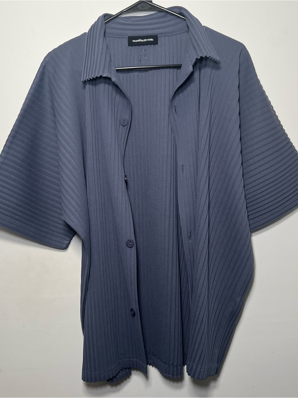 Manière De Voir Men Pleated Short Sleeve Button Up Shirt Blue Lagenlook Textured - Picture 10 of 15